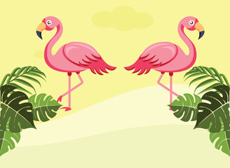 Flamingo background design, tropical leaves and flowers in the background