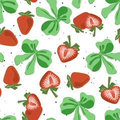 Strawberries and coquette ribbon bow seamless pattern. Sweet strawberry, green bow. Aesthetic wallpaper in trendy retro vintage style. Cute hand drawing cartoon vector illustration isolated on white