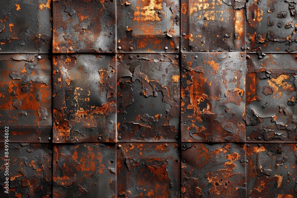 Poster the image is of a rusted metal surface with a lot of holes and scratches. the surface appears to be 