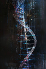 A single strand of DNA merging with a digital code 