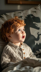 a three months old boy is crying on the bed and is scared of the dinosaur shadow on the wall,generative ai