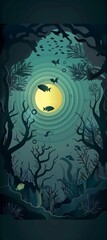 papercut illustration depicting an underwater scene with a large, luminous moon, silhouetted fish, and branching trees.