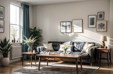 elegant living room with comfortable dark sofa