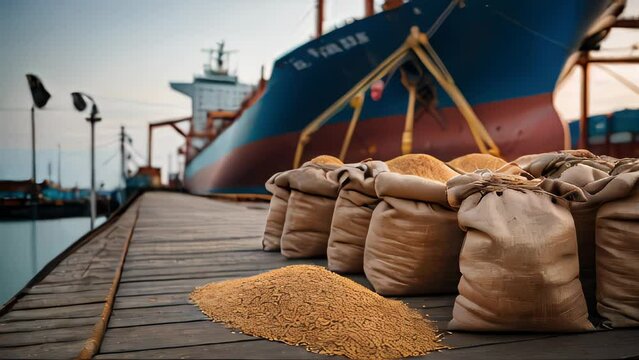 Bags of grain on a dock with a pile of wheat in the foreground and a large container ship loaded