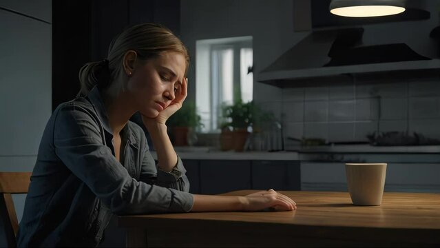 A sad and contemplative woman is sitting at a table in a kitchen, looking down and holding her head