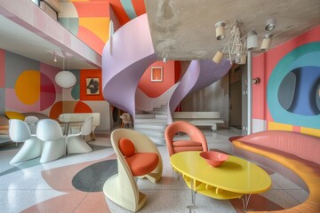 Colorful room with modern design and vibrant circular patterns