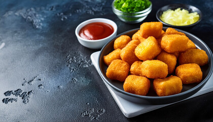 tater tots on dark background with dips