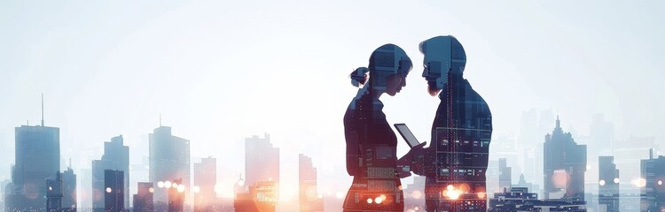 Double exposure of business people using digital devices on a cityscape background with data overlay