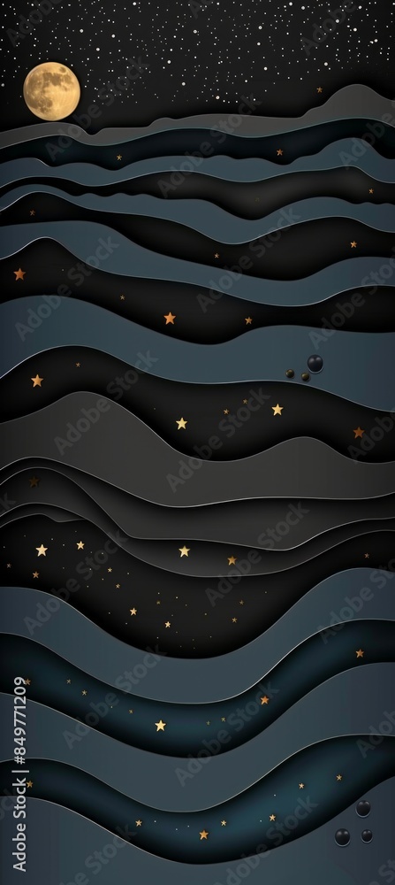 Poster papercut design depicting a night sky with a full moon and stars. the design features wavy layers in
