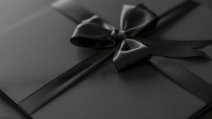 black gift card with black ribbon bow, black friday concept, copy space template. 