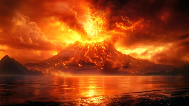 Seamless looping time-lapse animation of erupting volcano with lava and hot clouds background