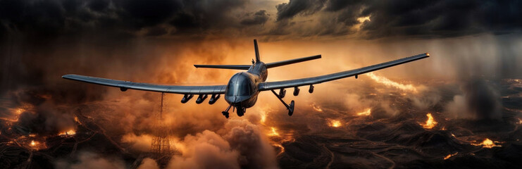 Fire of War: An unmanned aerial vehicle soars above a battlefield engulfed in fire and smoke
