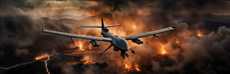 A deadly drone patrols the skies above a burning landscape
