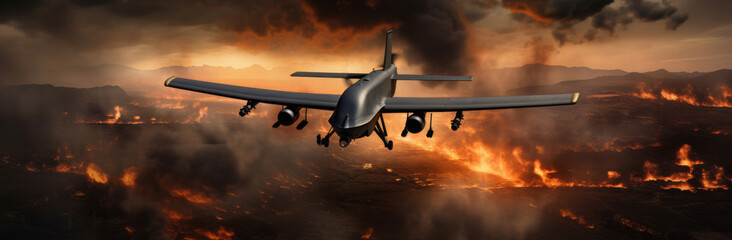  Steel Predator: A drone, like a bird of prey, circles above the fire-stricken earth