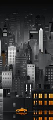 digital illustration depicting a city skyline with tall buildings and a single yellow cab driving down a darkened street.