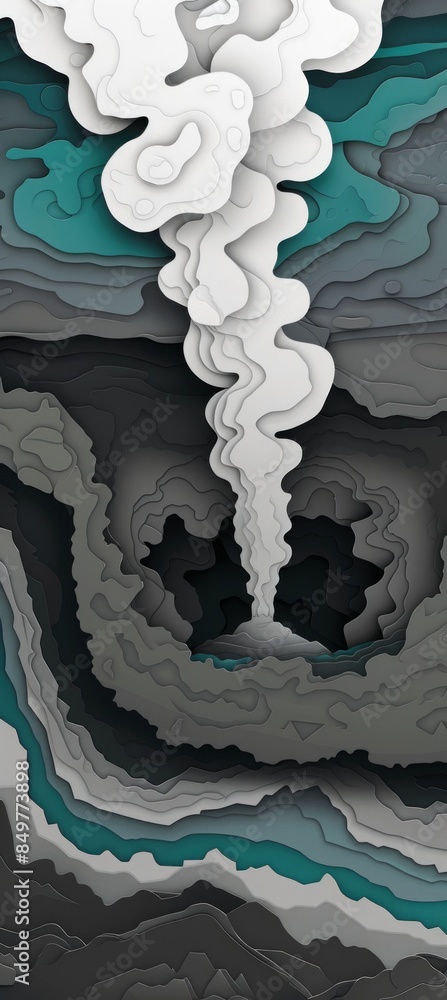 Poster close-up image of a papercraft design featuring a swirling, white shape amidst a backdrop of gray an