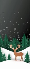 papercut deer stands tall in a snowy forest with a dark background and falling snowflakes.