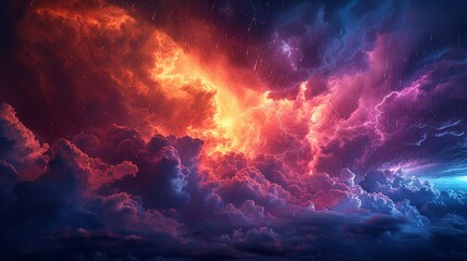 Fototapeta premium A dramatic portrayal of an angry sky, with thick, roiling storm clouds and sharp flashes of lightning that illuminate the dark expanse, rain pouring down in torrents, and a faint rainbow stretching