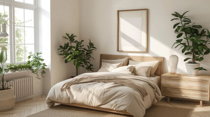 Fototapeta premium Natural Comfort bedroom. Terracotta Hues and Empty Frames