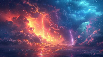 Fototapeta premium A dynamic depiction of a stormy sky where thick, ominous clouds rumble with thunder, and sharp, jagged bolts of lightning pierce through the darkness, while rain pours down heavily, and a delicate