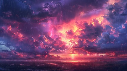 Obraz premium A dynamic portrayal of a dramatic sky where thick, ominous clouds rumble with thunder and sharp, jagged bolts of lightning cut through the darkness, while rain cascades down heavily, and a delicate