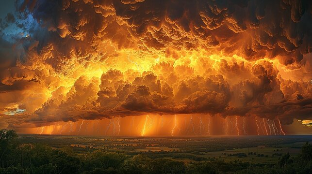 An evocative scene showcasing a sky in turmoil, with rolling, angry clouds and frequent lightning strikes that light up the landscape, accompanied by torrential rain, yet a soft, colorful rainbow