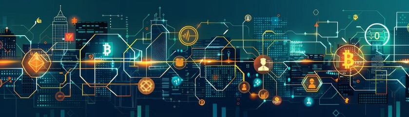 Obraz premium Digital blockchain technology with abstract connections and cryptocurrency symbols in a futuristic network background.