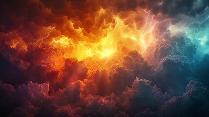 Fototapeta premium A powerful illustration of a turbulent sky where fierce clouds clash and roar with thunder, vivid lightning bolts cut through the gloom, rain cascades down relentlessly, and a gentle rainbow appears,