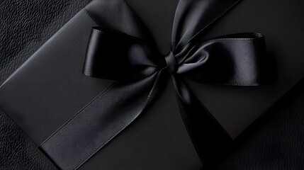 black gift card with black ribbon bow, black friday concept, copy space template. 