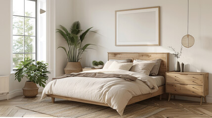 Natural Comfort bedroom. Terracotta Hues and Empty Frames