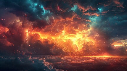 Naklejka premium A scene depicting a sky full of turbulent, dark clouds, with bright, jagged lightning cutting through, heavy rain pouring down, and a delicate rainbow beginning to form, illustrating the interplay of
