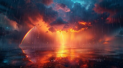 Fototapeta premium A striking image of a dramatic sky filled with boiling, dark clouds brimming with rage, bright streaks of lightning illuminating the scene, heavy rain falling in sheets, and a serene rainbow arching