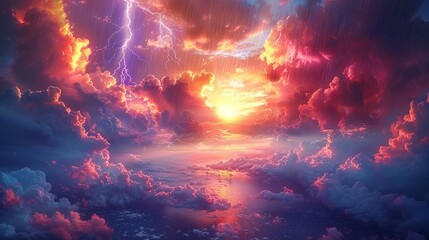 A striking image of a dramatic sky filled with boiling, dark clouds brimming with rage, bright streaks of lightning illuminating the scene, heavy rain falling in sheets, and a serene rainbow arching