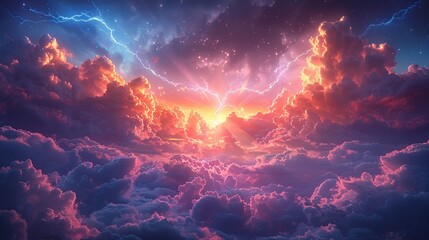 A vibrant illustration of a stormy sky where thick, ominous clouds clash, bright lightning bolts illuminate the dark expanse, rain pours down heavily, and a colorful rainbow emerges, adding a touch