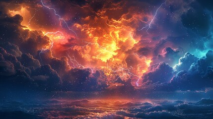 A vivid image of a sky in turmoil, with dark, swirling storm clouds and bright flashes of lightning that illuminate the scene, heavy rain falling in sheets, and a colorful rainbow beginning to form,