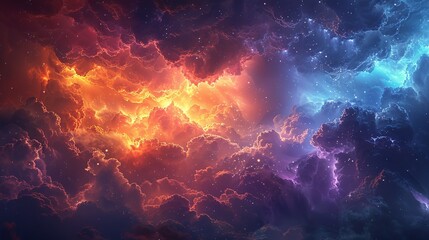 A vivid image of a sky in turmoil, with dark, swirling storm clouds and bright flashes of lightning that illuminate the scene, heavy rain falling in sheets, and a colorful rainbow beginning to form,