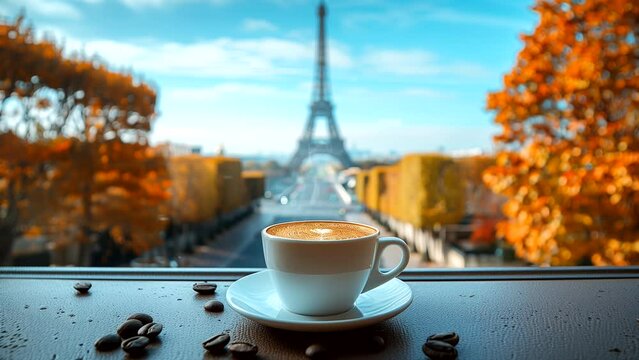 Hot coffee on a table overlooking the Eiffel Tower in Paris