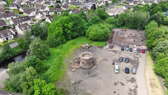 Aerial View of Erecting the Eleventh Night Bonfire Celebrations at Broughshane Ballymena Co Antrim Northern Ireland
