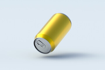 Falling aluminum soda can on gray background. Metal tin for beer. Blank jar for juice and other refreshment beverages. Packaging for liquid products. 3d render