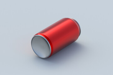 Red soda can on gray background. Metal tin for beer. Blank jar for juice and other refreshment beverages. Packaging for liquid products. 3d render