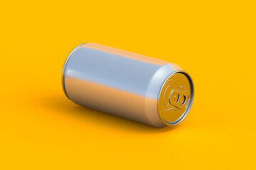 Soda can on orange background. Metal tin for beer. Blank jar for juice and other refreshment beverages. Packaging for liquid products. 3d render