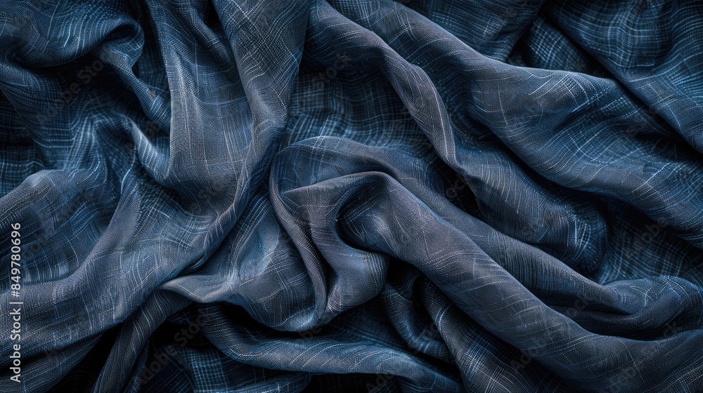 Poster a blue fabric with a pattern of lines and dots. the fabric is folded and has a slightly wrinkled app