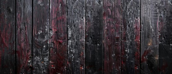 Charred wood planks on dark background, burnt and weathered, creating rustic vintage look. Versatile for outdoor designs, no people, raw charm