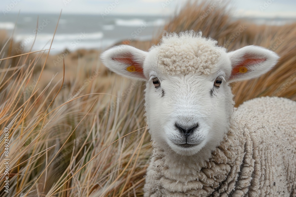 Poster a sheep is standing in a field of tall grass. the sheep is looking directly at the camera