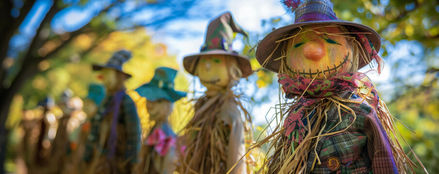 Row of uniquely themed scarecrows on display