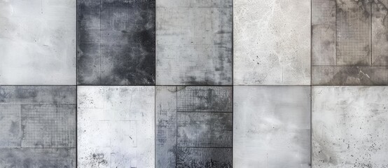 Weathered wall with rough concrete tiles in shades of gray creates a textured background, adding an abstract touch to the urban design. Perfect for close-up photography