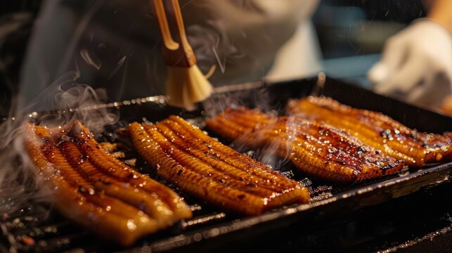 A chef grilling unagi (eel) and brushing it with a savory glaze. 
