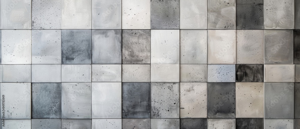 Aufkleber panoramic image featuring a wall of square concrete tiles, each with a unique pattern and texture, c