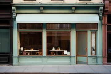 Store front with big window door furniture outdoors.