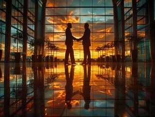 Silhouette of two businesspeople shaking hands in a modern office building with a stunning sunset background through glass walls.